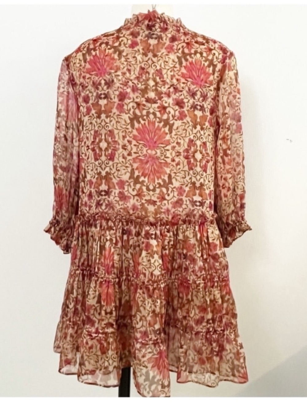 Misa Los Angeles Llanit Chiffon Floral Tie-Neck Tiered Swing Dress Pink Brown XS - Picture 4 of 13